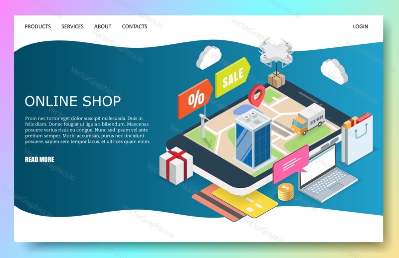 Online shop landing page template for website and mobile site development. Vector isometric illustration. Internet store and delivery, e-commerce and marketing web page concept.