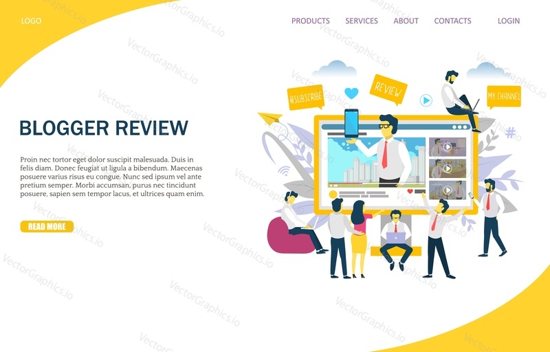 Blogger review vector website template, web page and landing page design for website and mobile site development. Video review concept.