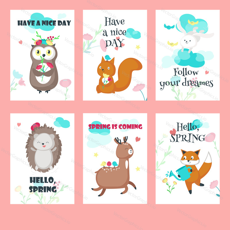 Vector set of spring cards with forest animals and inspirational quotations. Cute bunny, hedgehog, deer, owl, fox, squirrel and bear with birds, spring flowers, hearts, clouds.