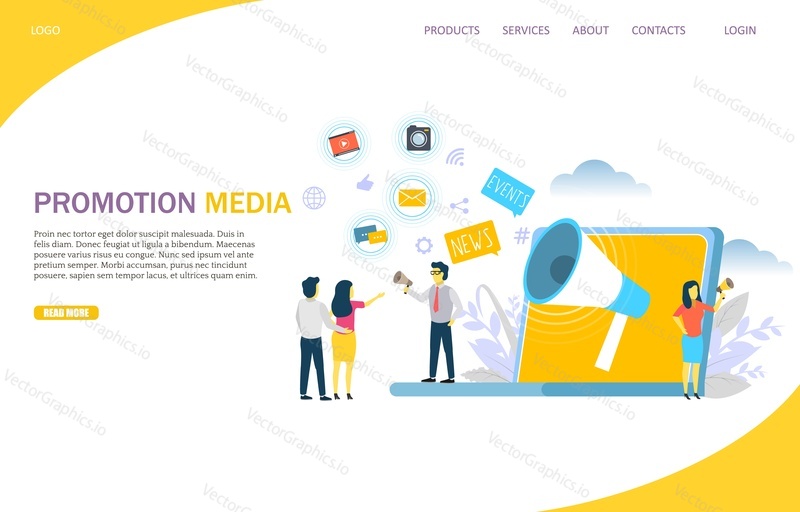 Promotion media vector website template, web page and landing page design for website and mobile site development. Events, news speech bubbles, people shouting through megaphones. Online announcements