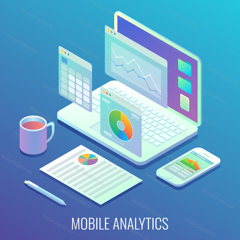 Mobile web analytics concept vector flat isometric illustration. Mobile analytics process of monitoring and collecting the data via laptop and smartphone.