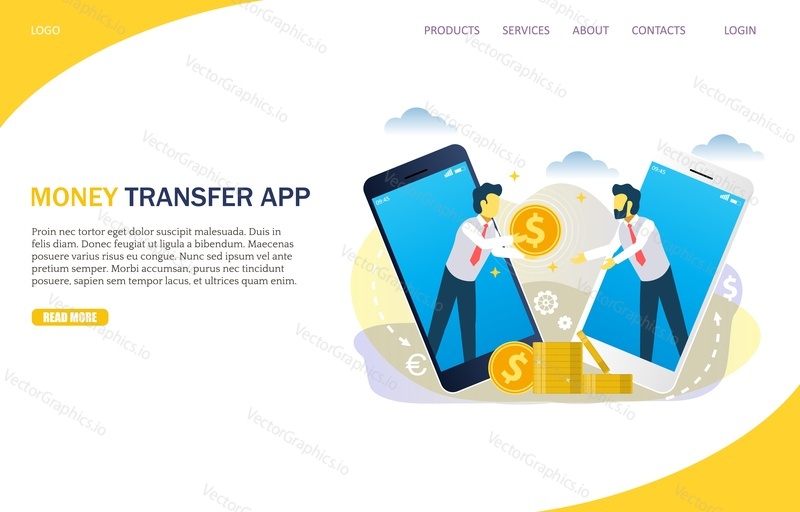 Money transaction vector website template, web page and landing page design for website and mobile site development. Payment online, money transfer mobile app concepts.
