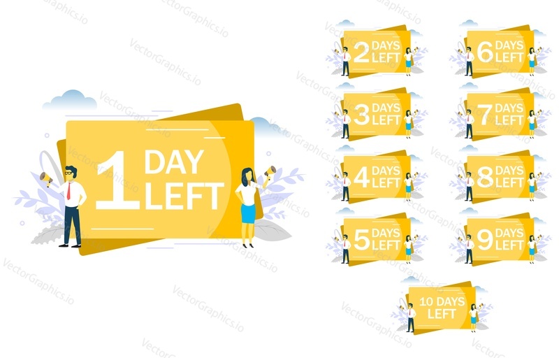1 day left announcement, business people speaking through megaphone. Vector flat style design illustration for web banner, website page etc. Number of days left upcoming event tags.