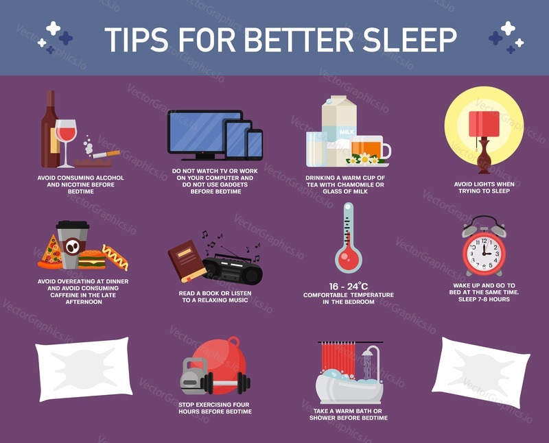 Tips or rules for better sleep, vector flat style design illustration. Useful advices how to get healthy sleep. Sleeping habits infographic.