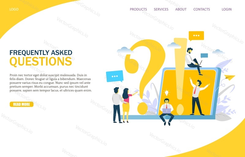 Frequently asked questions vector website template, web page and landing page design for website and mobile site development. FAQ or questions and answers, customer support, helpful tips concepts.