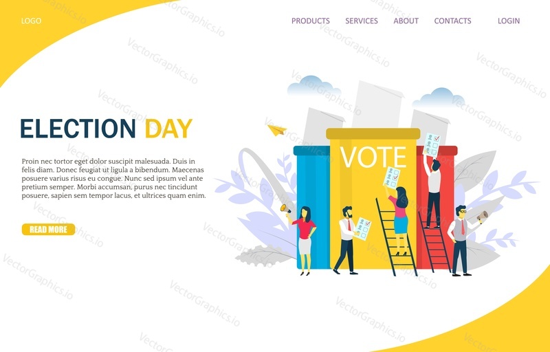 Election day vector website template, web page and landing page design for website and mobile site development. Polling day, voters casting their ballots into ballot boxes. Voting and election concept