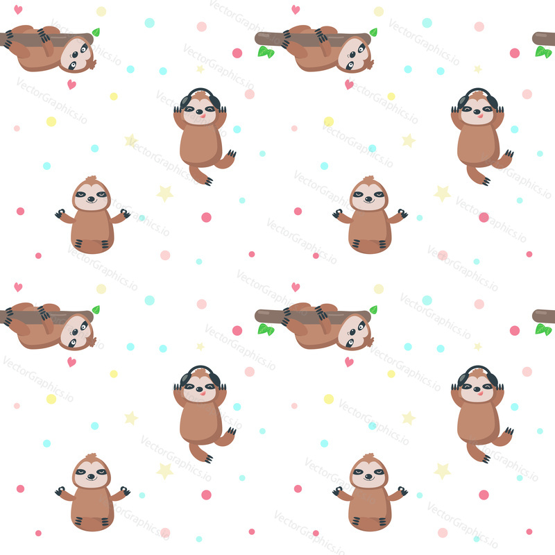 Vector seamless pattern with cute sloths hanging upside down from tree branch, sitting in yoga position, listening to music. Funny sloth background, wallpaper, fabric, wrapping paper.