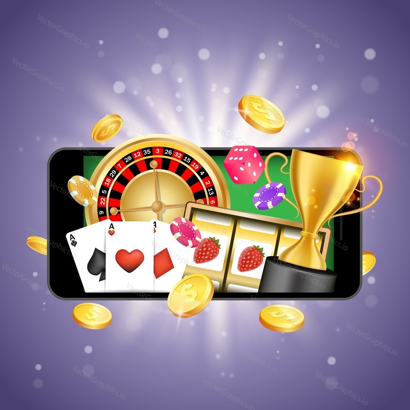 Mobile casino vector poster banner design template. Smartphone, roulette wheel, playing cards, slot game, poker chips, dice, golden dollar coins and trophy cup. Online casino concept.