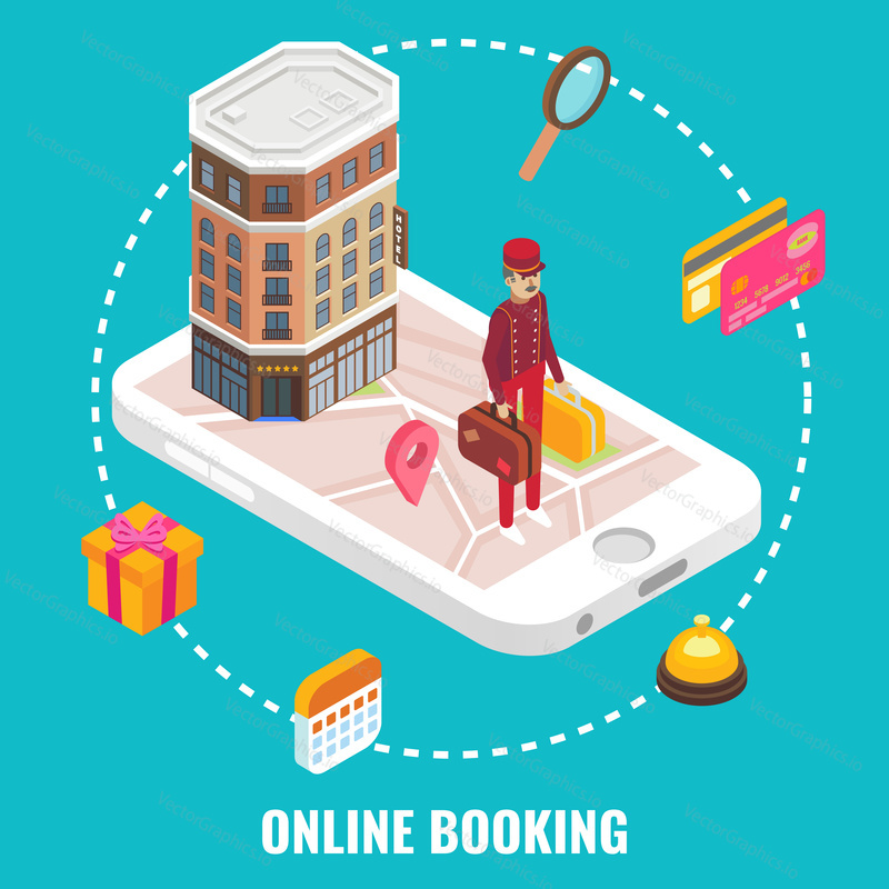 Online hotel booking concept vector flat isometric illustration. Hotel building and doorman with luggage on smartphone screen.