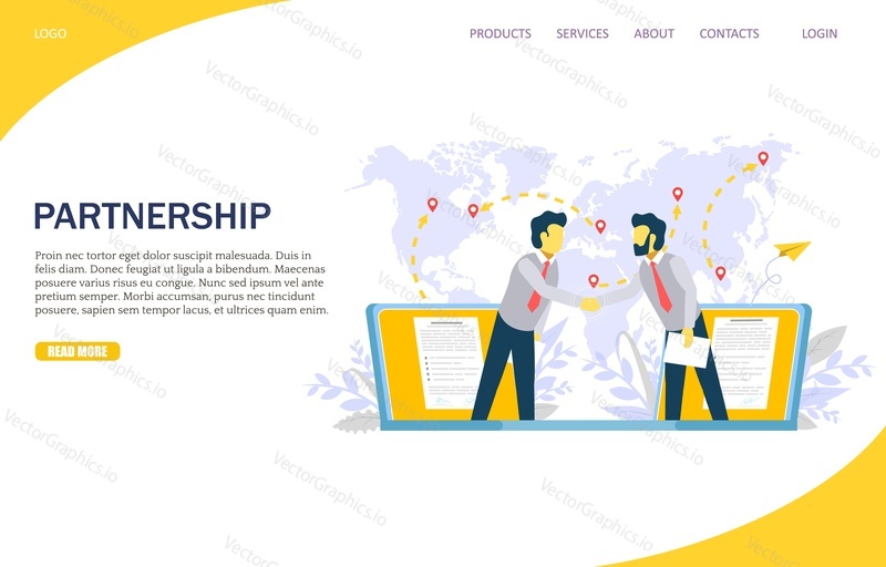 Partnership vector website template, web page and landing page design for website and mobile site development. Business agreement, handshake concept.