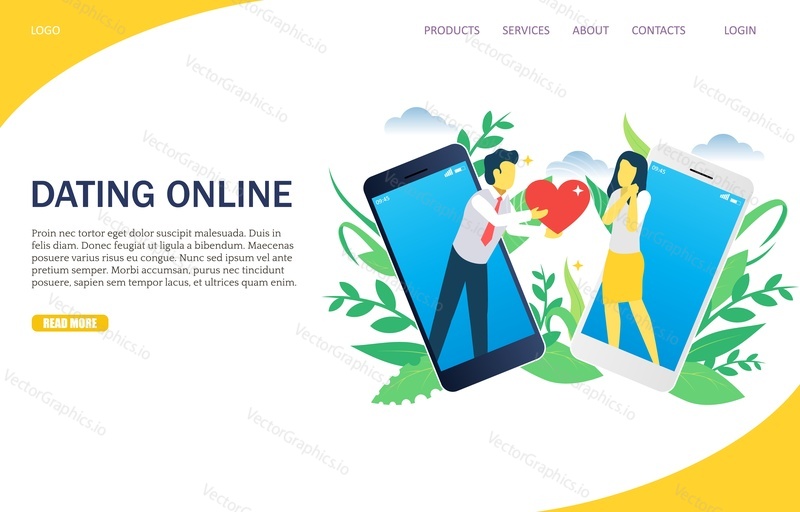 Dating online vector website template, web page and landing page design for website and mobile site development. Young man giving his heart to his virtual girlfriend. Dating applications concept.