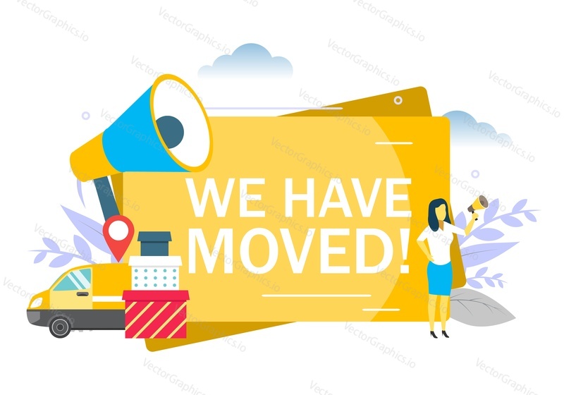 We have moved announcement, woman speaking through megaphone, location pin, boxes, transportation vehicle. Vector flat illustration for web banner, website page etc. Notice of office relocation.