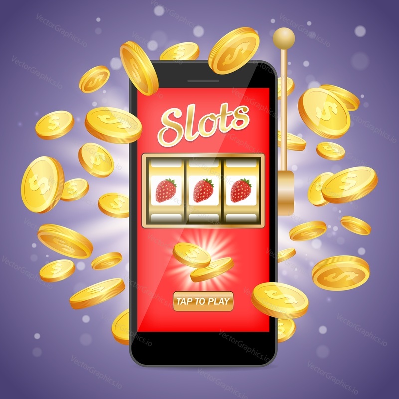 Mobile slots vector poster banner design template. Slot fruit machine mobile phone with flying dollar coins composition. Online slots concept.