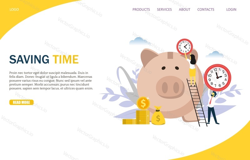Saving time vector website template, web page and landing page design for website and mobile site development. Business people putting clocks into piggy bank. Time is money.