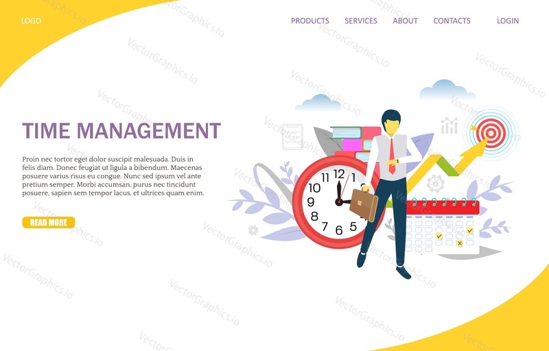 Time management vector website template, web page and landing page design for website and mobile site development. Business planning concept.