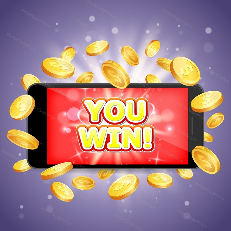 You win casino vector poster banner design template. Smart phone with dollar coins. Mobile gambling winner concept.
