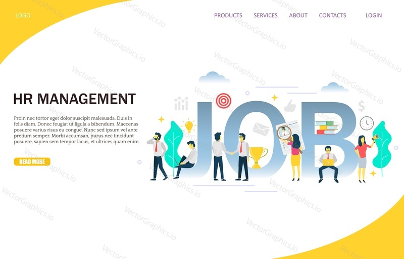 Human resources management vector website template, web page and landing page design for website and mobile site development. Job search, recruitment, searching professional staff concept.