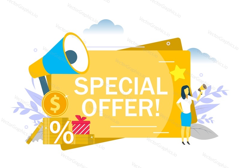 Special offer announcement, woman speaking through megaphone, gift boxes, dollar coins. Vector flat illustration for web banner, website page etc. Special sale discount promotion.