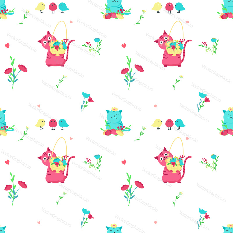 Vector seamless pattern with cute cats, spring flowers and birds. Funny spring cats background, wallpaper, fabric, wrapping paper.