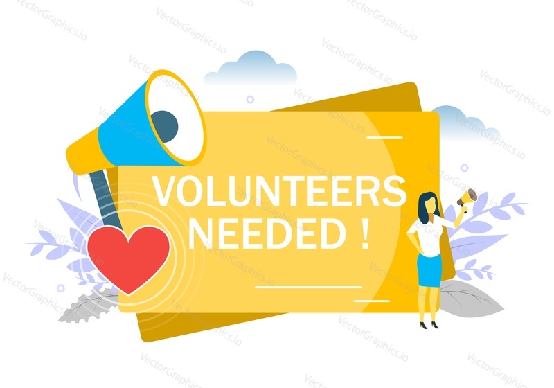 Volunteers needed, woman speaking through megaphone. Vector flat illustration for web banner, website page etc. Volunteer recruitment appeals concept.