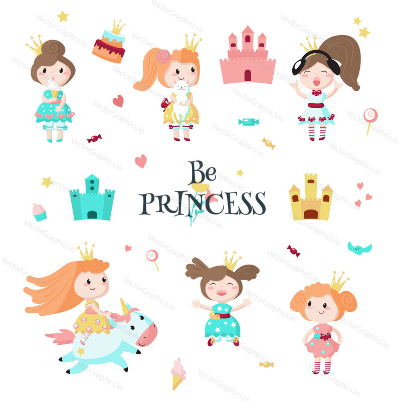 Beautiful princess in crown icon set. Vector illustration isolated on white background. Fairytail girl riding unicorn, holding cat, listening to music, eating ice cream, posing and having fun.