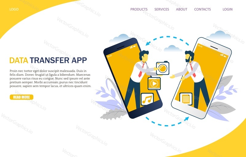 Media transfer vector website template, web page and landing page design for website and mobile site development. Two businessmen exchanging information via smartphones. Data transfer app concept.
