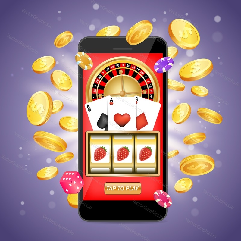 Online casino vector poster banner design template. Smartphone, roulette wheel, playing cards, slot game, poker chips, dice, golden dollar coins. Mobile slots and casino games.