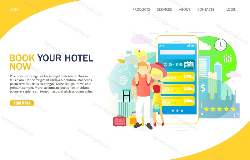 Book your hotel now vector website template, web page and landing page design for website and mobile site development. Mobile phone hotel booking and reservation concept.
