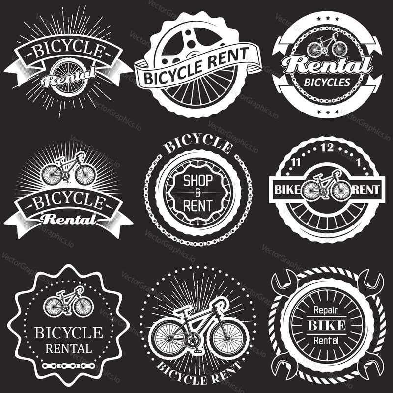 Bicycle rental vintage badges, labels, emblems and logo. Vector monochrome illustration. Bike rent, shop and repair typography.