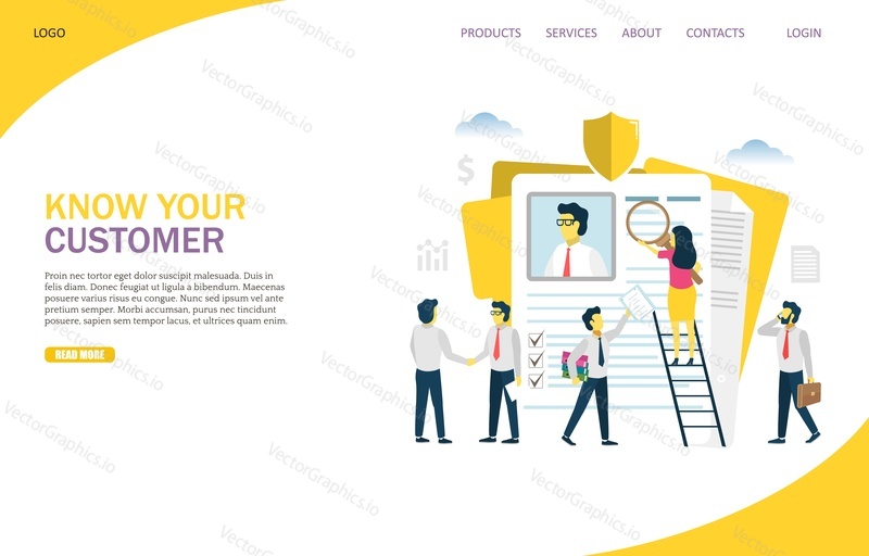 KYC, know your customer vector website template, web page and landing page design for website and mobile site development. Process of business verifying the identity of its clients concept.