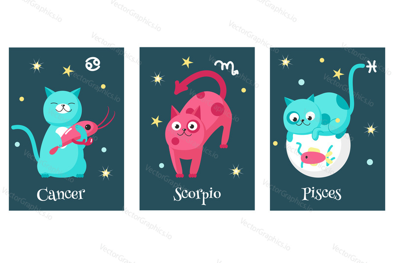 Vector set of cat astrology zodiac sign cards. Cancer, Scorpio, Pisces astrological signs. Cat horoscope.