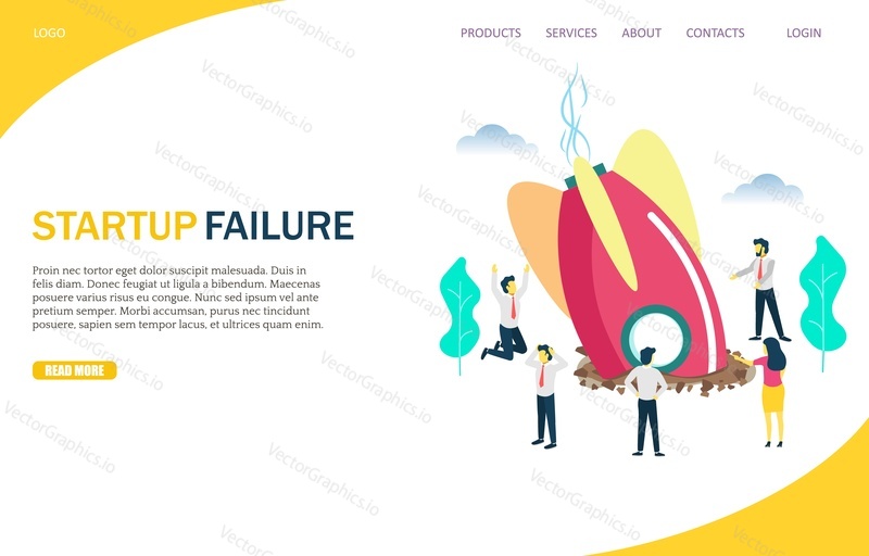 Startup failure vector website template, web page and landing page design for website and mobile site development. Rocket crash, failed startup project concept.