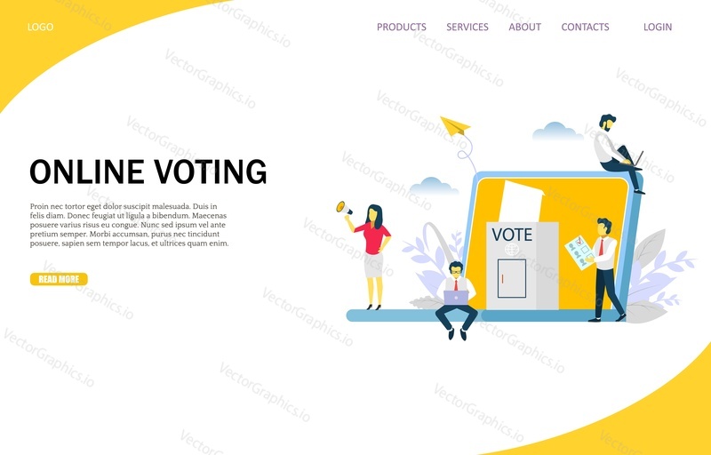 Векторный шаблон веб-сайта для онлайн-голосования, дизайн веб-страницы и целевой страницы для разработки веб-сайтов и мобильных сайтов. Избиратели, голосующие через цифровую систему, используя ноутбуки. Концепция электронного голосования.