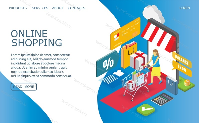 Online shopping landing page template for website and mobile site development. Vector isometric mobile phone, woman with shopping cart full of purchases, credit card. Internet store web page concept.