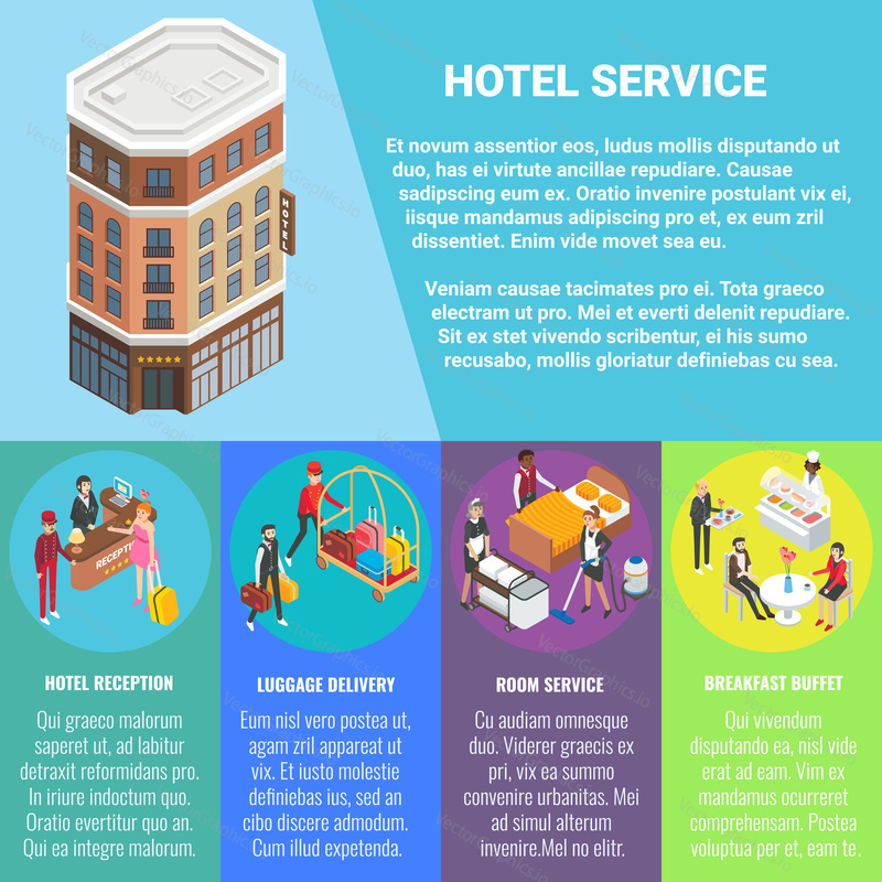 Hotel service vector flat isometric poster, banner with hotel building, copy space and hotel reception, luggage delivery, breakfast buffet, room service concept design elements.