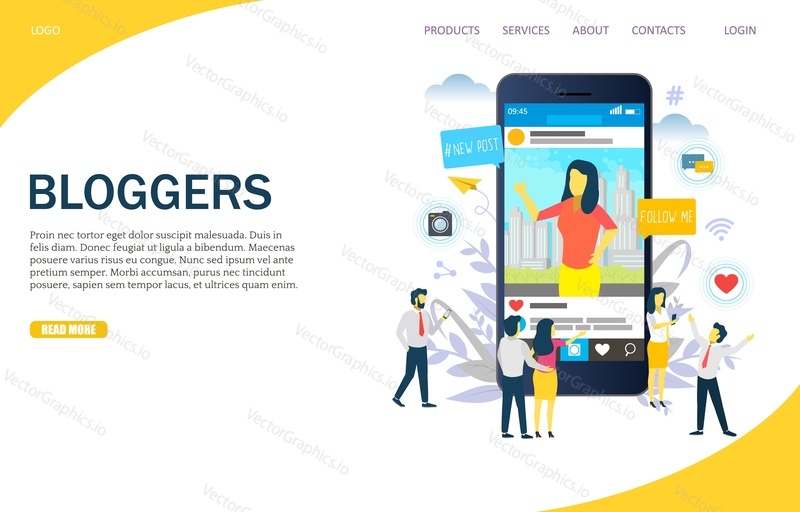 Bloggers vector website template, web page and landing page design for website and mobile site development. Blogging, instablogging, instabloggers concept.