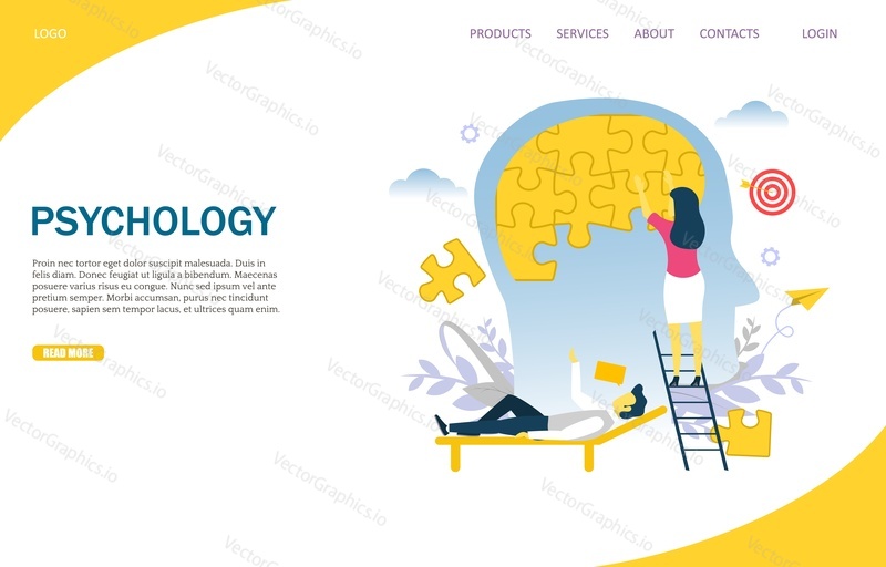 Psychology vector website template, web page and landing page design for website and mobile site development. Woman doing human brain puzzle. Psychology and psychotherapy session, mental treatment.