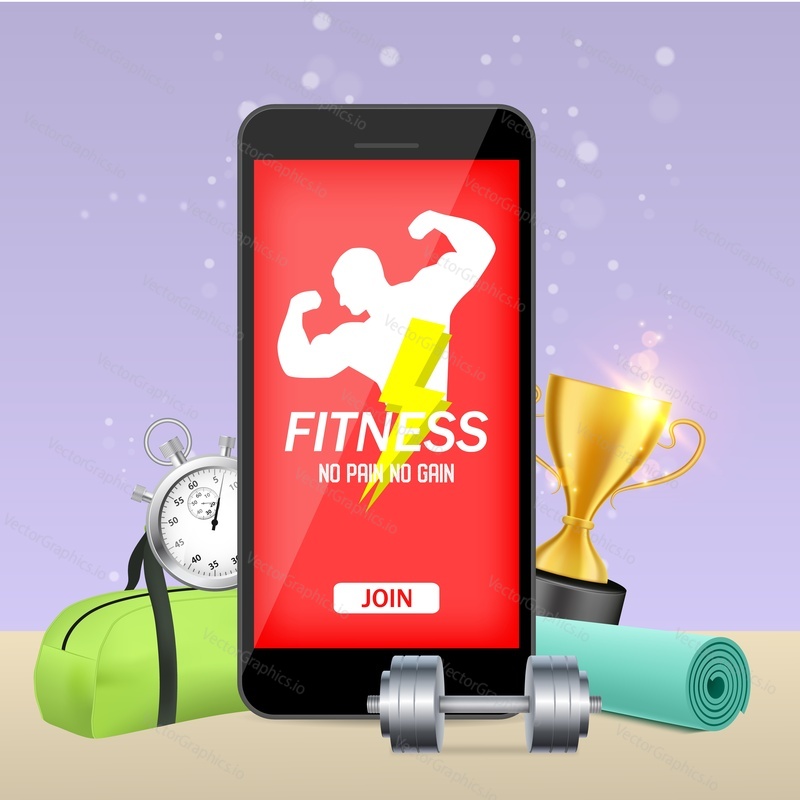 Smart phone with bodybuilder on screen and gym equipment around it, vector illustration. Fitness mobile application mockup concept.
