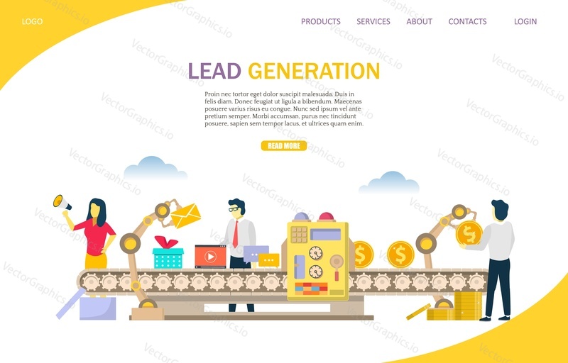 Lead generation vector website template, web page and landing page design for website and mobile site development. Lead management concept.