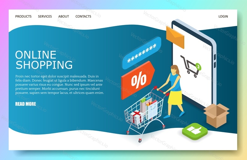 Online shopping landing page template for website and mobile site development. Vector isometric smartphone, woman with shopping cart with bags, gift box. Mobile marketing, e-commerce web page concept.