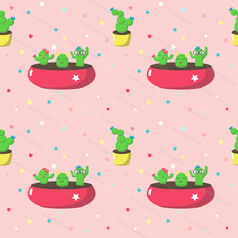 Vector seamless pattern with kawaii cactus plant cartoon characters in flowerpots. Cute cacti background, wallpaper, fabric, wrapping paper.