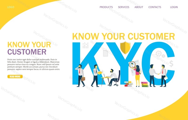 Know your customer vector website template, web page and landing page design for website and mobile site development. KYC business identification and finance safety concept.