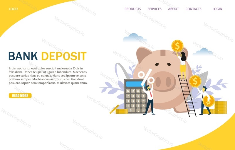 Bank deposit vector website template, web page and landing page design for website and mobile site development. People putting dollar coins into piggy bank. Money savings for profit concept.