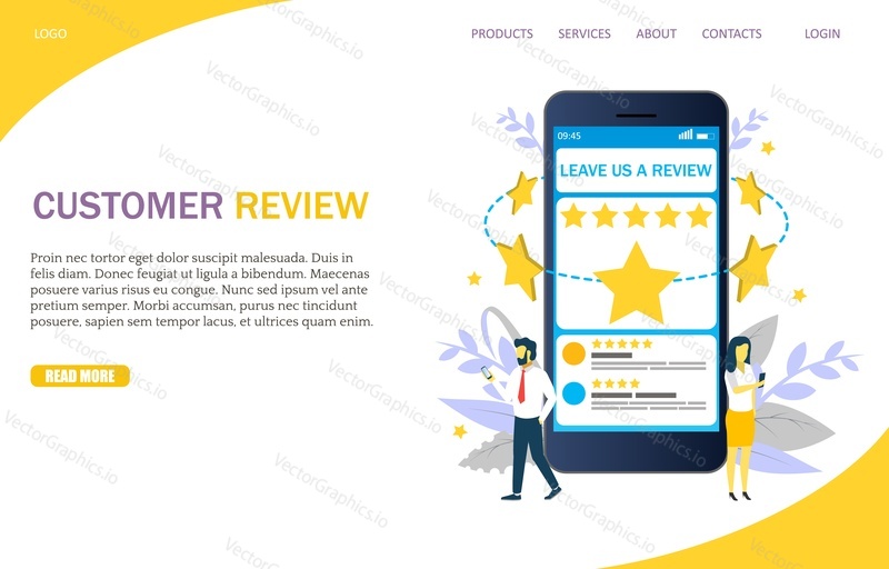 Customer review vector website template, web page and landing page design for website and mobile site development. Customer feedback, online review concepts.