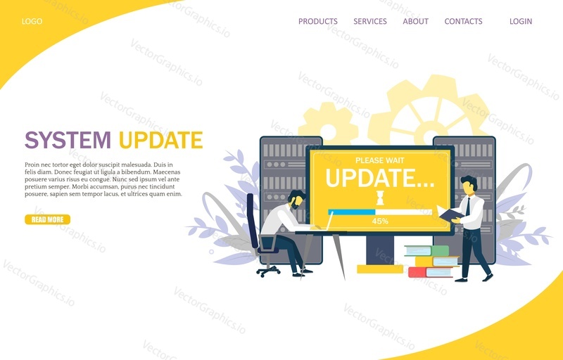 System update vector website template, web page and landing page design for website and mobile site development. Software installation, computer upgrade or maintenance concept.
