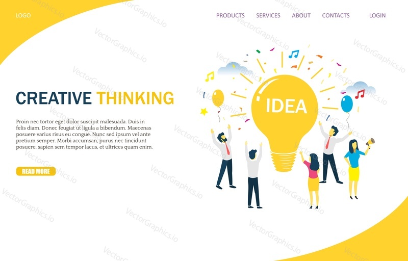 Creative thinking vector website template, web page and landing page design for website and mobile site development. Happy business people around lightbulb their great idea. Creative minds concept.