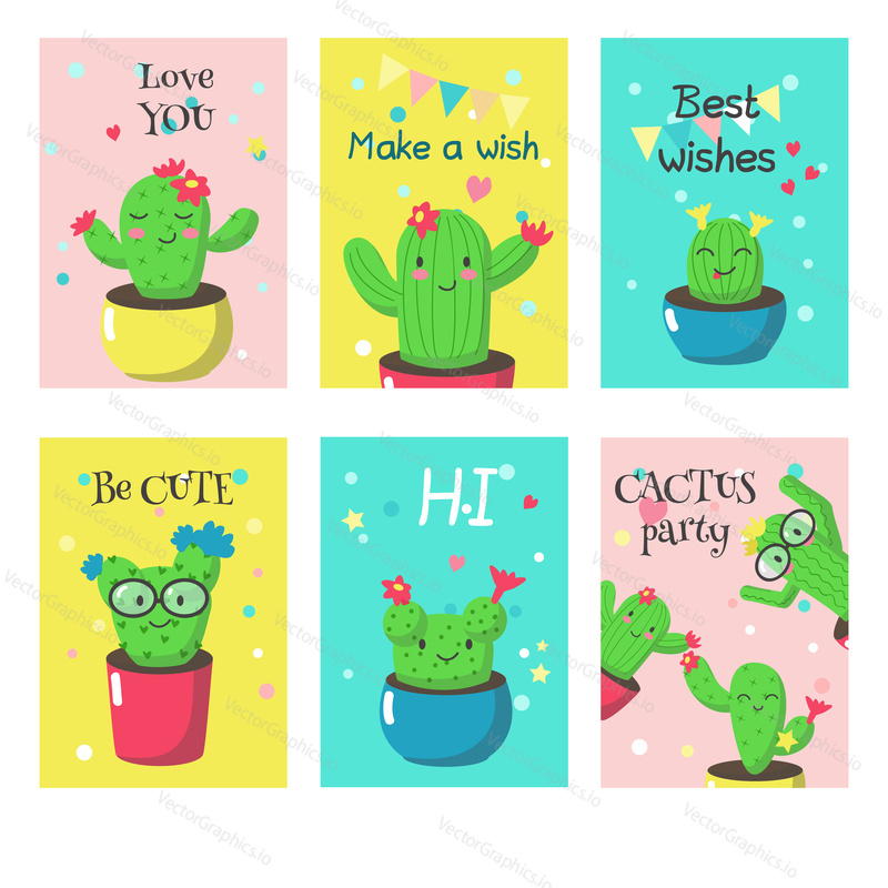 Vector set of cards with cute cacti succulent plant and inspirational quotations. Blooming cartoon cactuses with funny faces in pots on color background with dots, hearts, stars, party pennants.