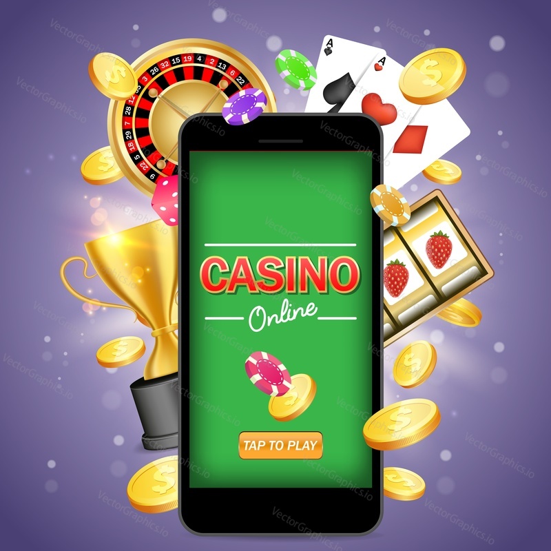 Online gambling vector poster banner design template. Smartphone, roulette wheel, playing cards, slot game, poker chips, dice, dollar coins, trophy cup. Poker mobile app, online mobile casino games.