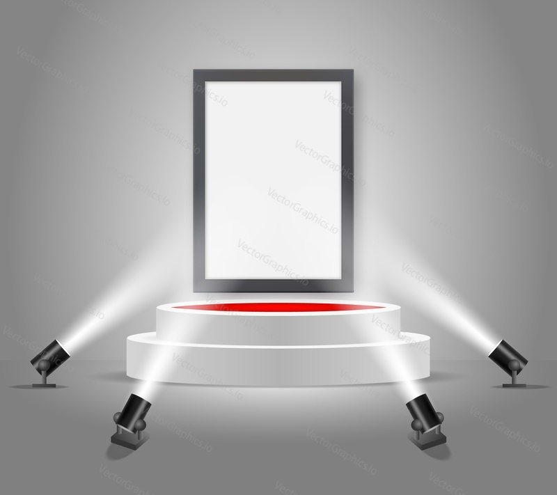 White round podium with empty picture frame illuminated by floor spotlights. Vector realistic illustration. Art gallery mockup for presentation exhibition.
