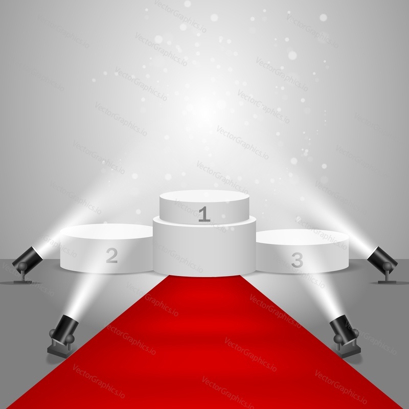 Winner podium, vector realistic illustration. White victory pedestal with red carpet illuminated by floor spotlights. Stage for award ceremony.
